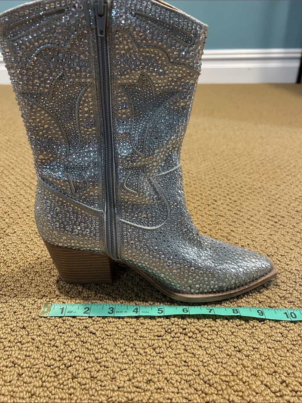 Crown Vintage Starry Cowboy Boots size 8 Mid Calf Silver Rhinestones Western - Picture 13 of 14